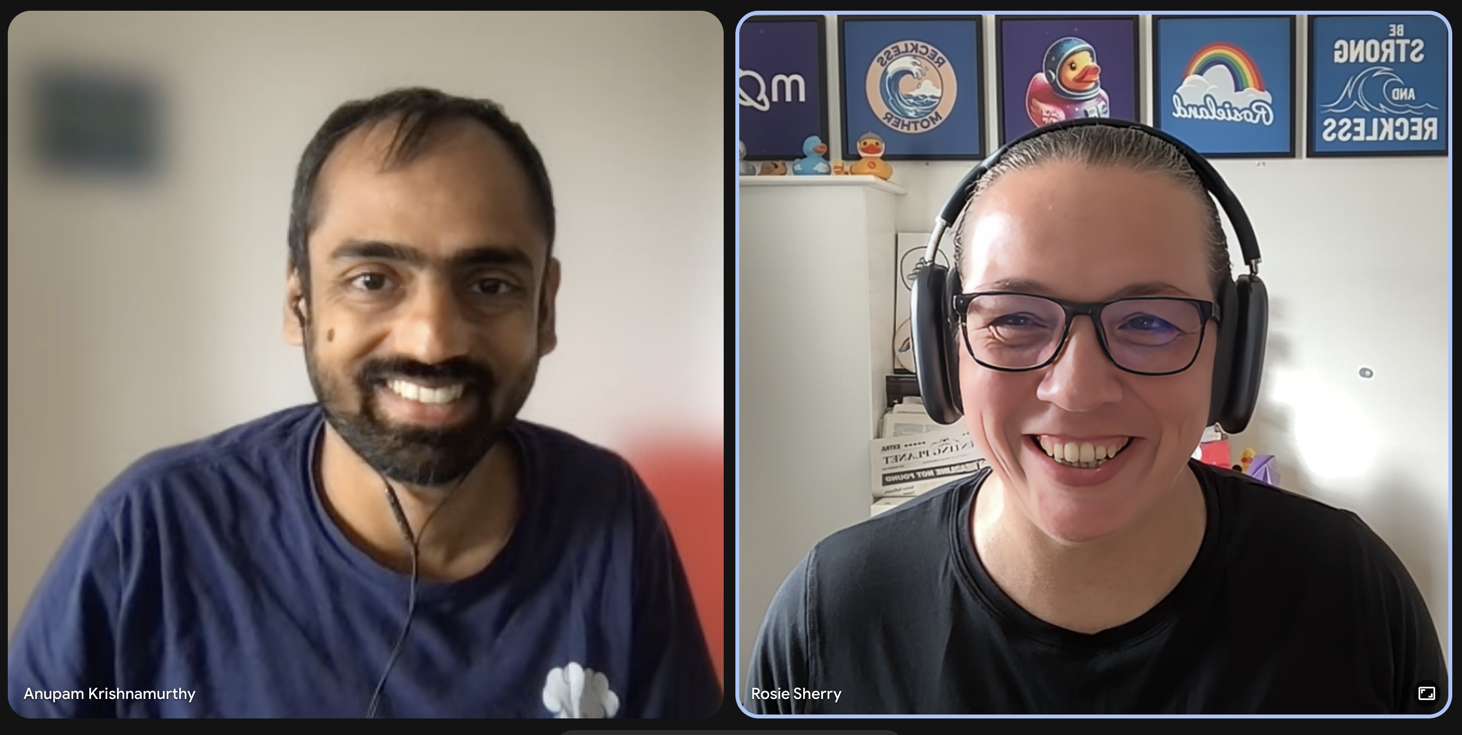 A screenshot of Anupam and Rosie Sherry smiling.