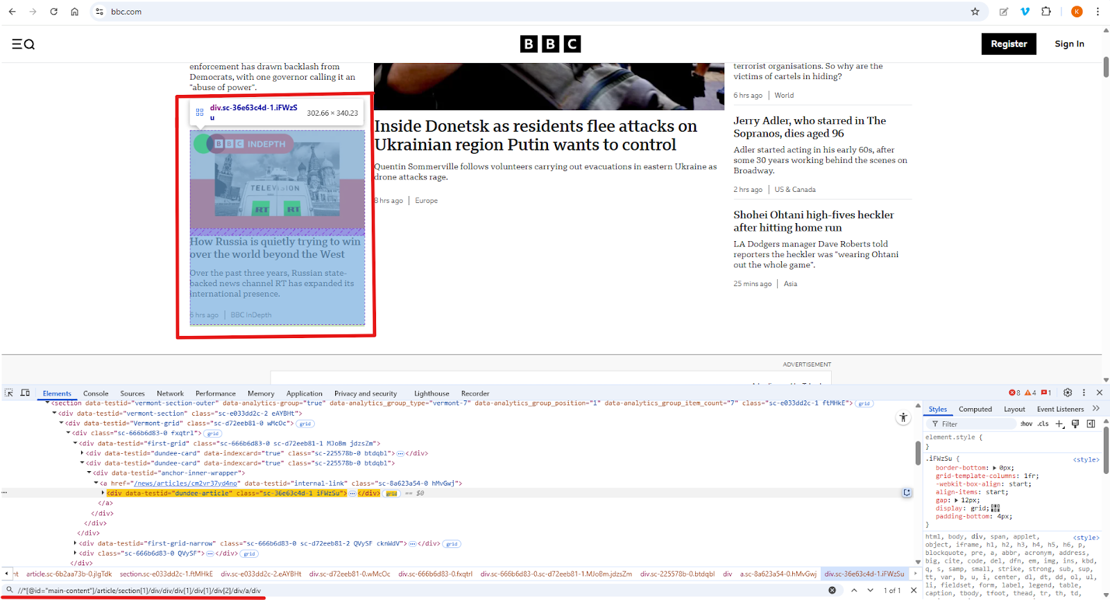 The BBC website home page with the developer tools panel open. The news card is highighted and the absolute path of the news card is displayed within the HTML. 