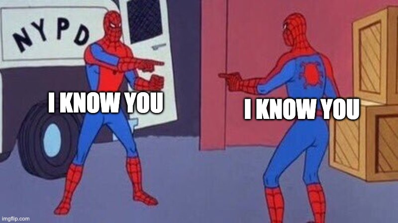 Two Spider-Man's characters pointing at each other saying 'I know you'