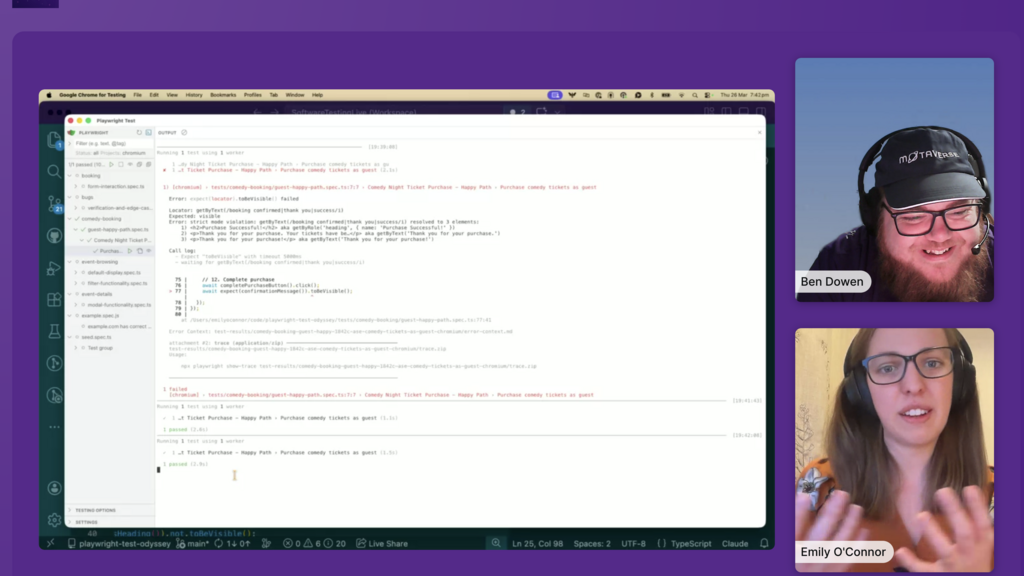 Two people on a webinar call with a screen of tests in the main window. image
