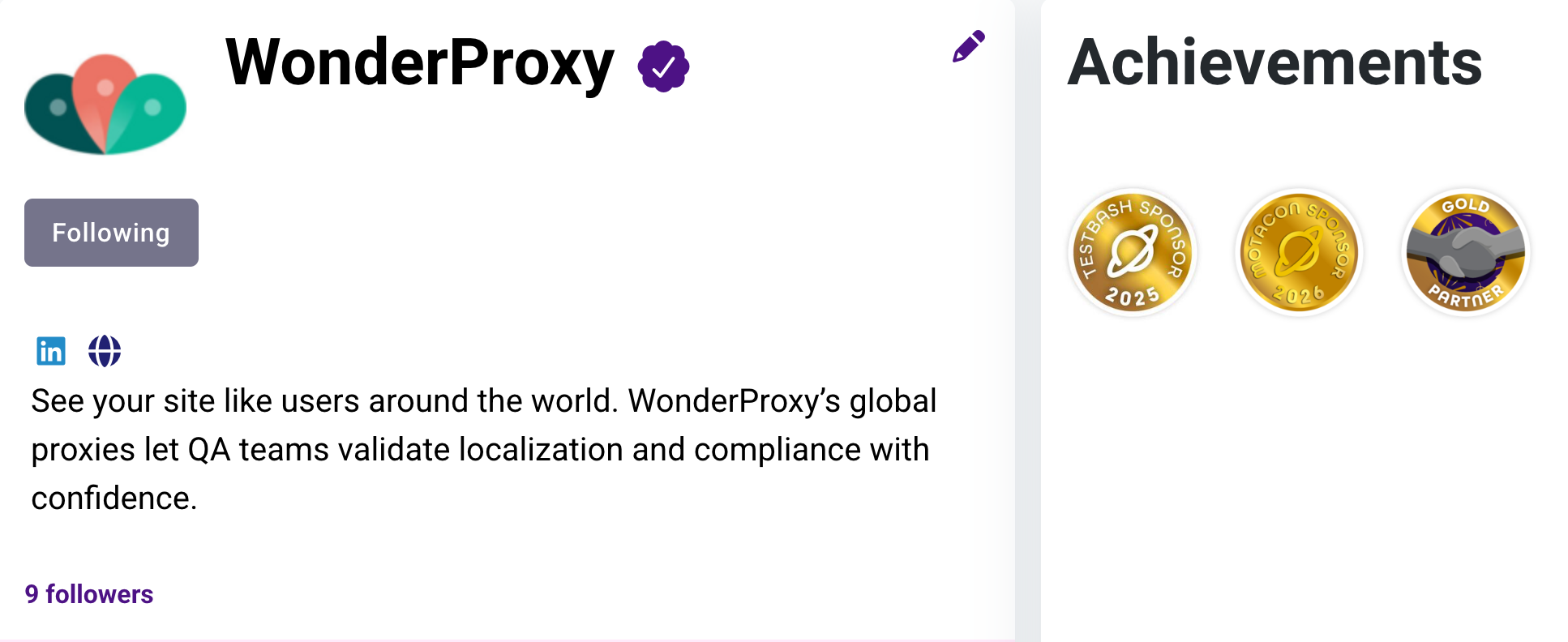 A profile page for WonderProxy, featuring its logo, a "Following" button, social links, and a brief description of it... image