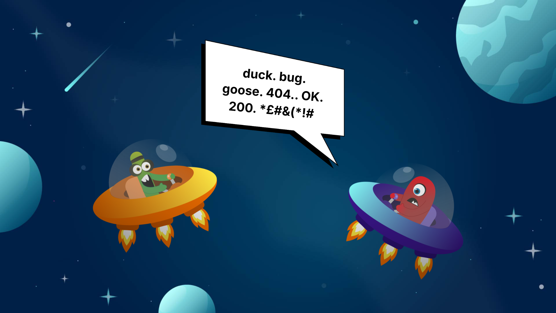 Fun space themed image of two MoT Monsters in a spaceship with a speech bubble saying gibberish.