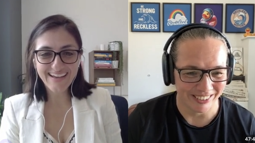 A screenshote of Alessandra and Rosie talking in a virtual room.