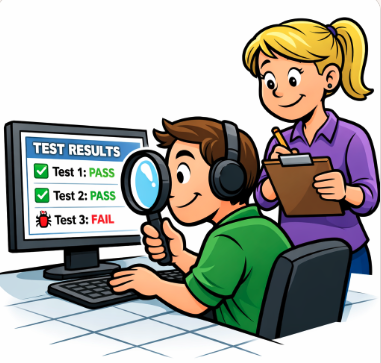 A cartoon clip art depiction of a person sitting at a computer with tests displayed on the screen, holding a magnifyi... image