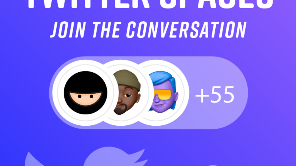 The image is a promotional graphic for "MINISTRY OF TESTING TWITTER SPACES" with the tagline "JOIN THE CONVERSATION." It features three circular profile picture icons, one of which is a ninja, another a person with a beard and a hat, and the third a person with blue hair and sunglasses, followed by "+55", indicating more participants. Below these icons are two Twitter bird logos. The background is a purple gradient.
