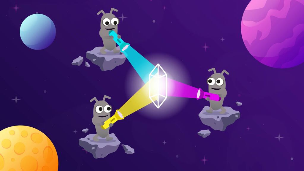 3 bugs bringing individual perspectives in space through torchlights.  image