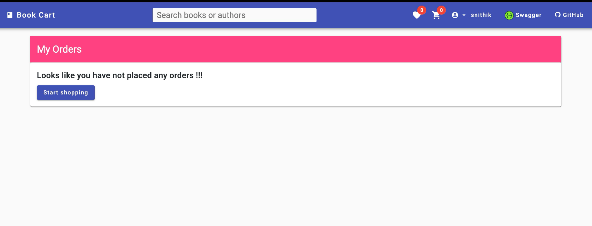 My Orders page showing a message that no orders have been placed, with a ‘Start shopping’ button below