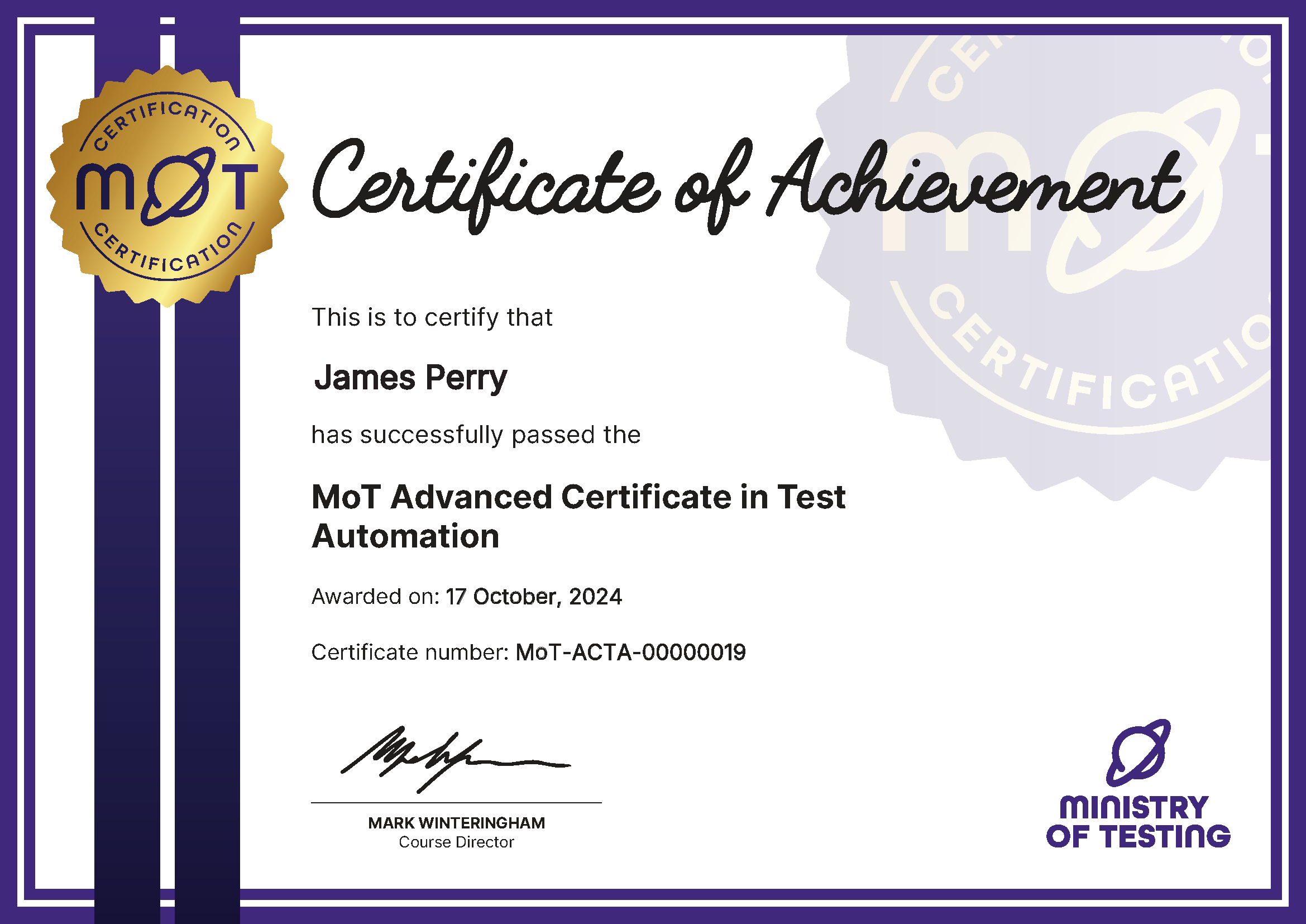 MoT Advanced Certificate in Test Automation certificate awarded to james perry