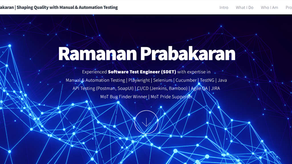 Screenshot of my SDET portfolio showcasing projects and professional highlights.