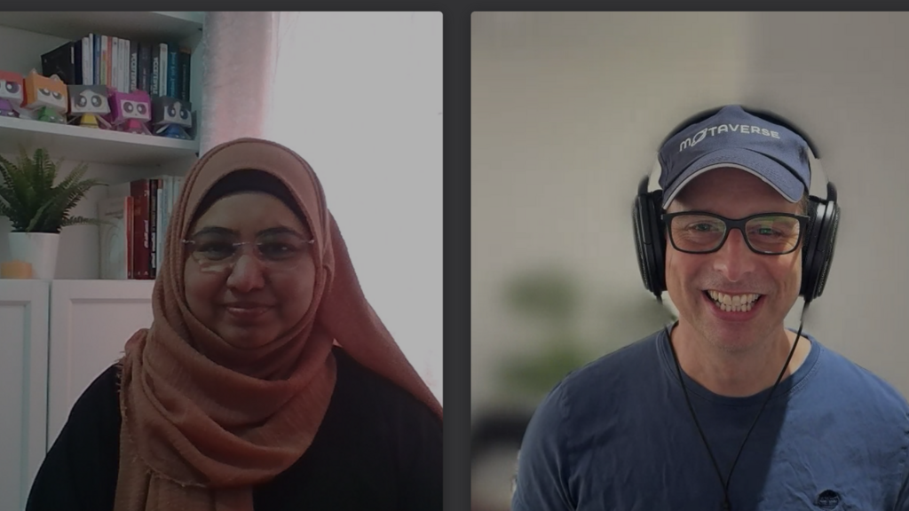 Two people in a split-screen video call setup, recording a conversation. One is seated in front of a bookshelf, the o... image