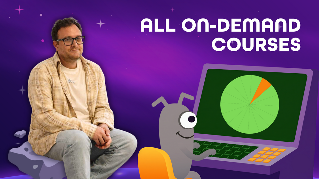 Promotional image set against a purple space background with stars. On the left, a man wearing glasses, a plaid shirt... image