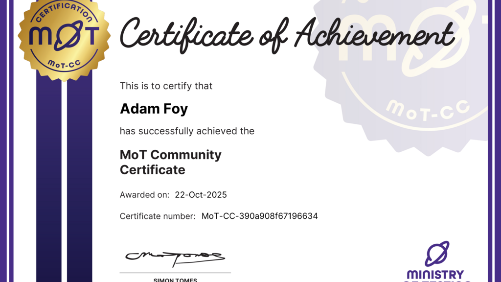 Screenshot of Adam Foy's community ceritficate.