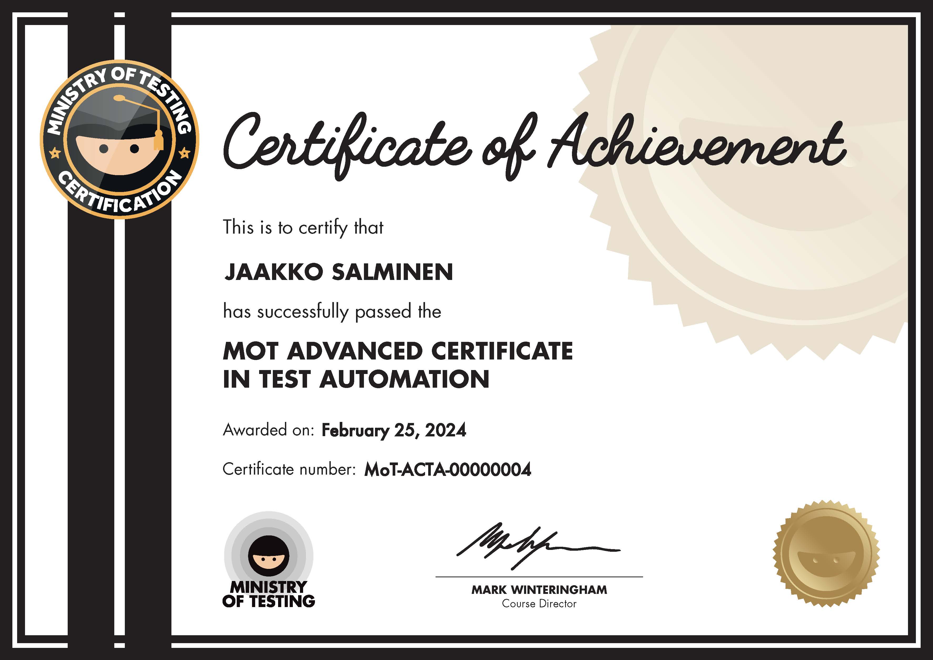 MoT Advanced Certificate in Test Automation certificate awarded to Jaakko Salminen image