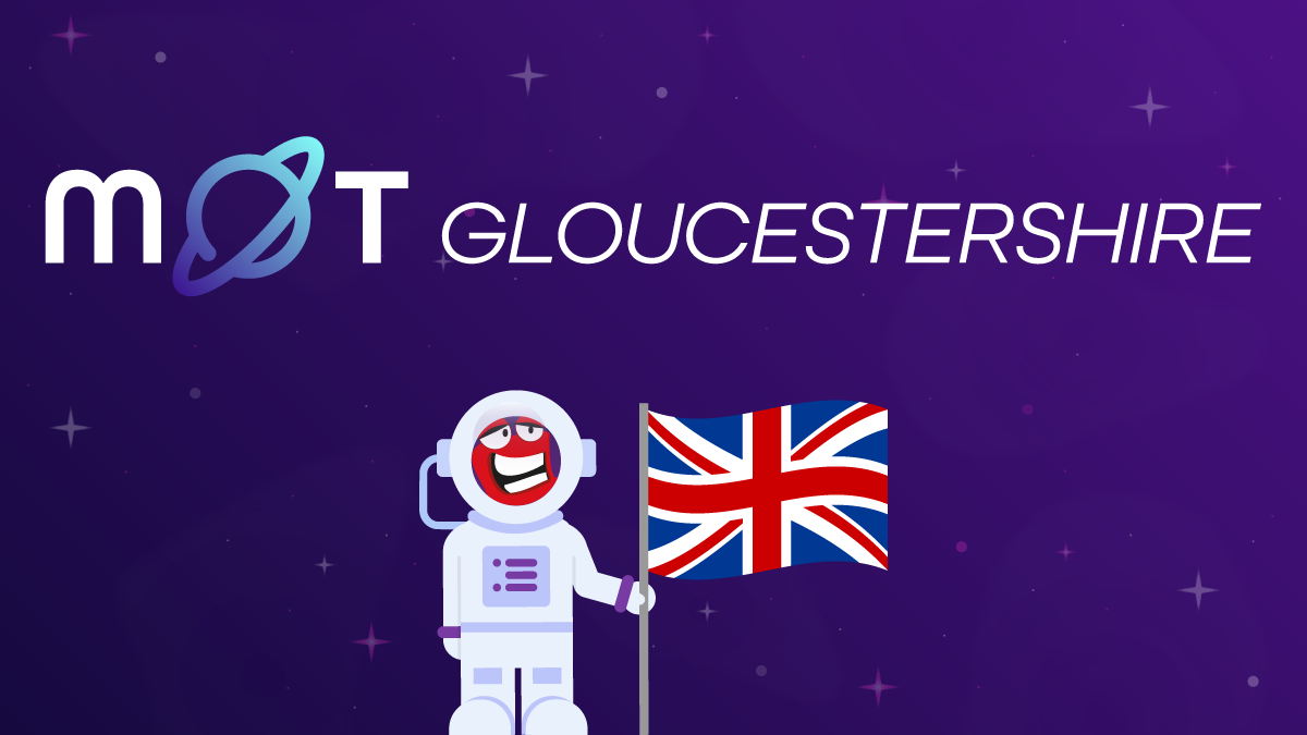 MoT Gloucestershire logo, with an astronaut character holding a British flag