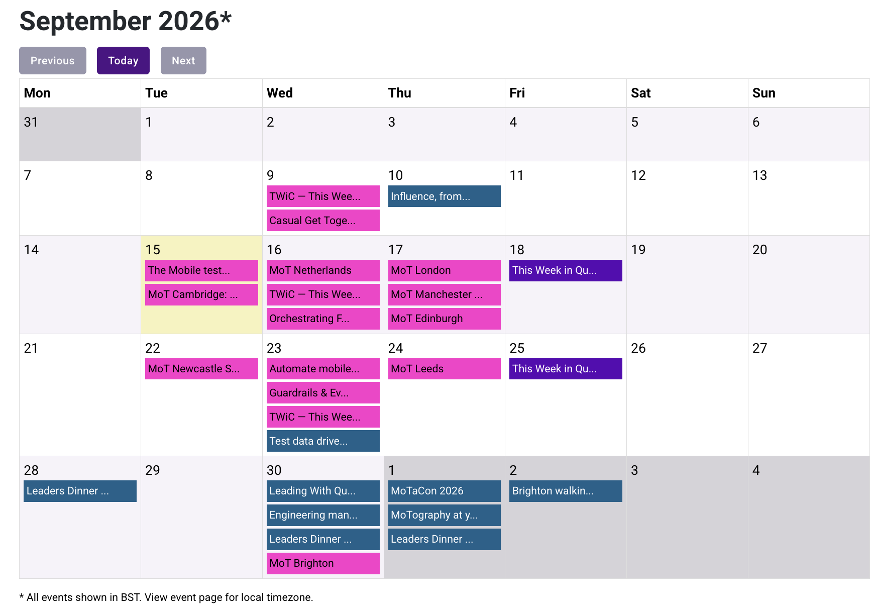 Calendar view of upcoming events in the MoTaverse. image