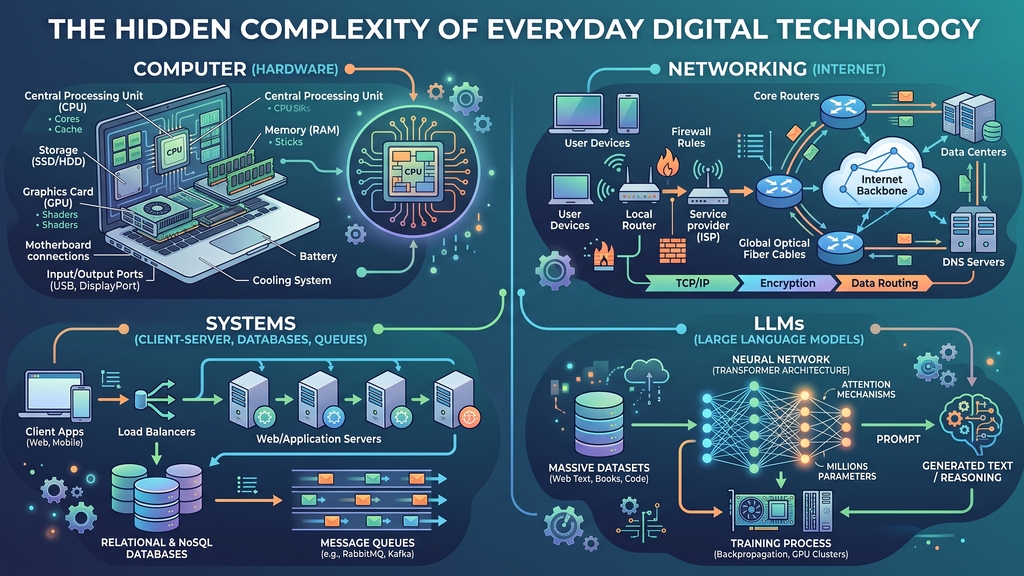 Diagram explaining the hidden complexity of everyday digital technology: computer, networking, systems, LLMs. image