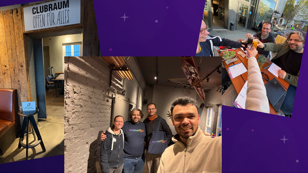 Collage of a Ministry of Testing meetup showing the same group across moments: a venue entrance sign reading “Clubrau... image