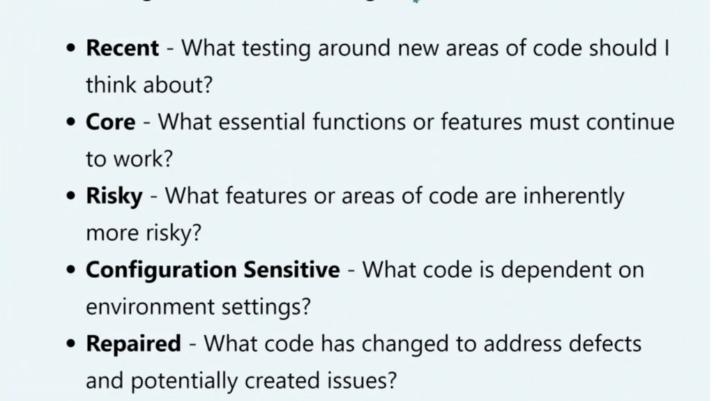 RCRCRC heuristic by Karen N. Johnson helps identify areas that need testing when software changes:

Recent - What testing around new areas of code should I think about?

Core - What essential functions or features must continue to work?

Risky - What features or areas of code are inherently more risky?

Configuration Sensitive - What code is dependent on environment settings?

Repaired - What code has changed to address defects and potentially created issues?

Chronic - What code typically breaks features that need to be tested?