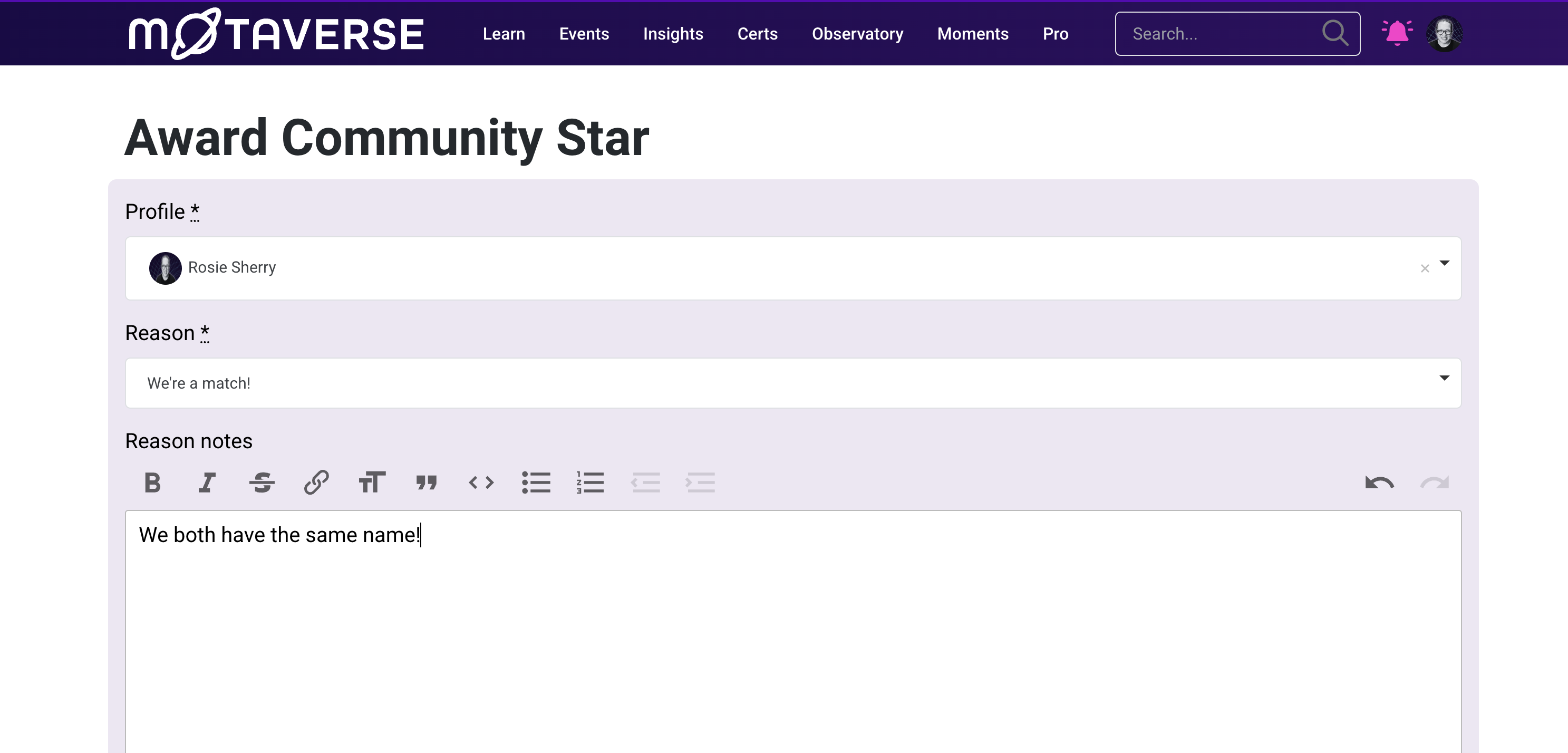 "We're a match", as a community star. image