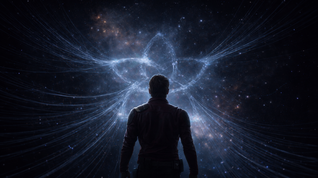 Starlord stands ahead of a reshaping galaxy image