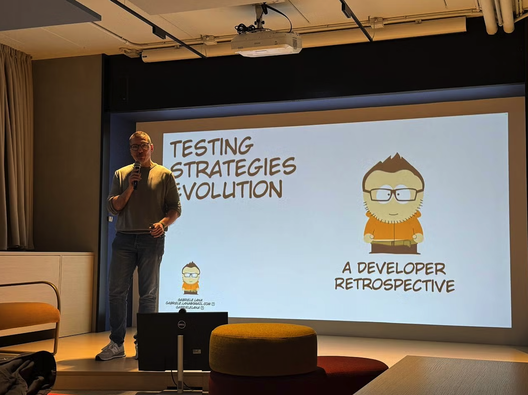 Gabriele Lana speaking at the Ministry of Testing Milan meetup about the evolution of testing strategies, sharing his journey from early unit tests to modern formal methods with the local QA and developer community.
