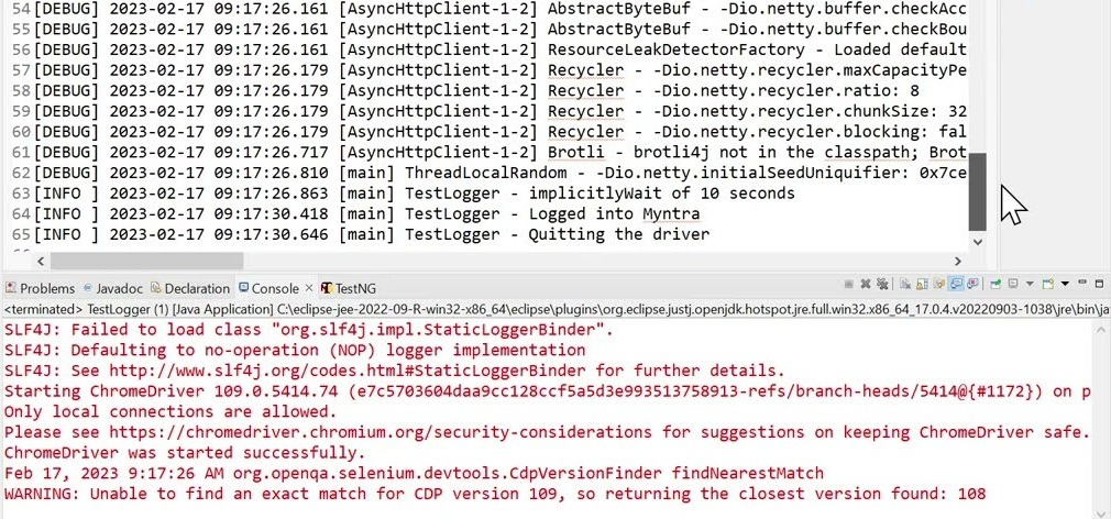 An error log showing debug messages such as looged into Myntra and quitting the driver in the top section. The bottom section has a list of failure messages in red text with such content as failed to load, only local connections are allowed, and unable to find an exact match. 