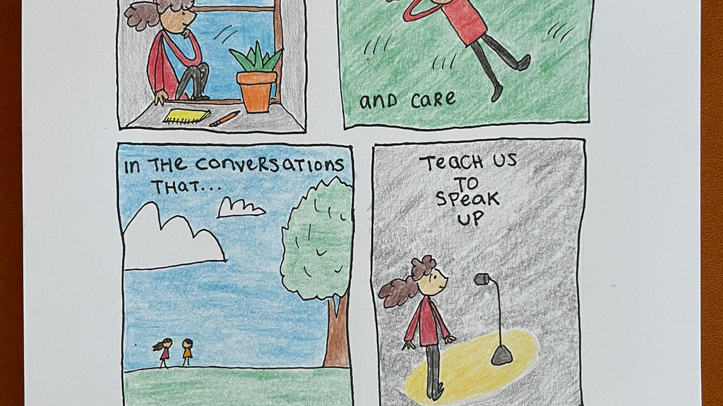 A hand-drawn comic-style illustration titled “QUALITY IS OUT THERE.” It features five panels with a female character expressing different moments:

She sits on a windowsill with a notebook and pen, gazing outside thoughtfully.

She lies on a grassy field, smiling, with the words "in the thinking and care."

She walks and talks with another person under a blue sky, captioned "in the conversations that..."

She stands confidently in a spotlight in front of a microphone, with the words "teach us to speak up."

A bird flies through a sky with clouds towards a large smiling sun with heart-shaped sunglasses and a wide grin, captioned "and be audacious together!"

At the bottom, it reads: “Thanks to Susanne Abdelrahman – by Rosie Sherry.”
