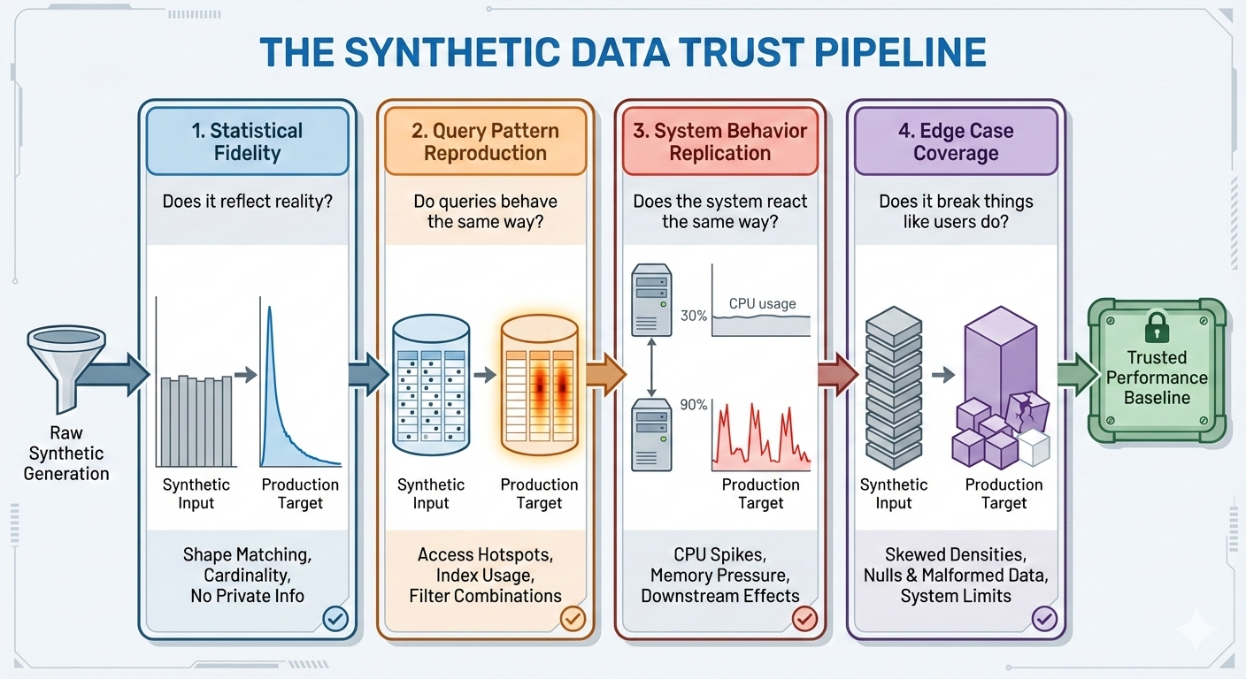 Infographic titled “The Synthetic Data Trust Pipeline.” It shows a left-to-right pipeline from raw synthetic data generation to a trusted performance baseline, passing through four validation stages.  Stage 1 is “Statistical fidelity,” asking whether the data reflects reality. It compares synthetic input with production targets using distribution shapes and cardinality, without private data.  Stage 2 is “Query pattern reproduction,” asking whether queries behave the same way. It focuses on access hotspots, index usage, and common filter combinations in synthetic versus production data.  Stage 3 is “System behavior replication,” asking whether the system reacts the same way. It compares CPU spikes, memory pressure, and downstream effects under synthetic and production loads.  Stage 4 is “Edge case coverage,” asking whether the data breaks the system like real users do. It includes skewed data densities, null values, malformed data, and system limits.  The pipeline ends with a lock icon labeled “Trusted performance baseline,” indicating confidence in performance testing results.