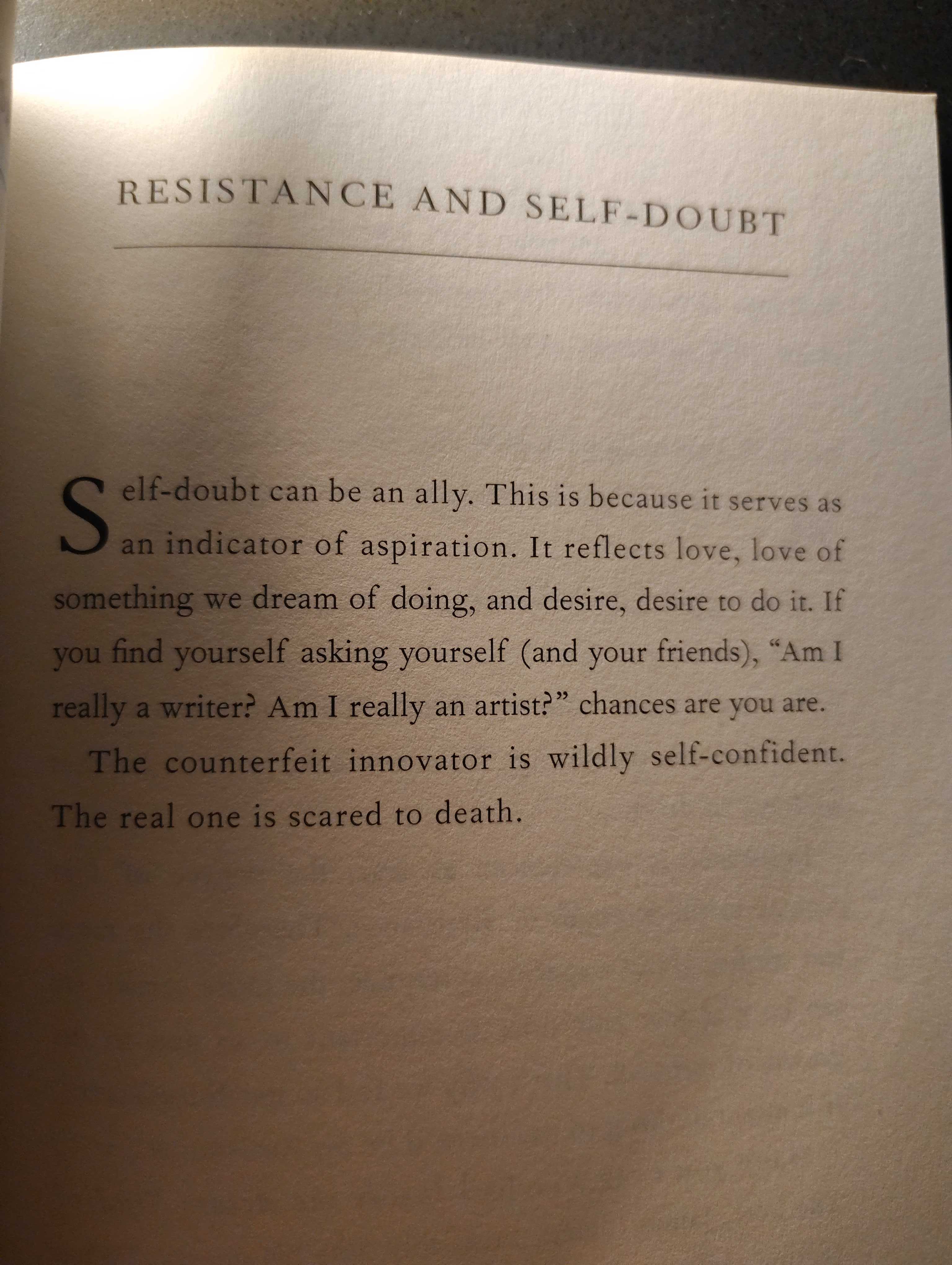 A photographed page from Steven Pressfield’s The War of Art, headed “Resistance and Self-Doubt.” The page contains a ... image