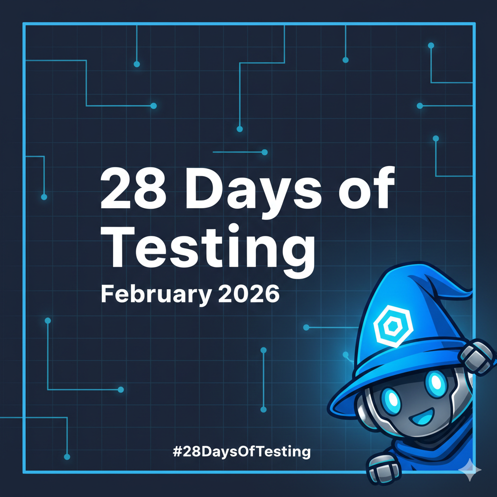 Promotional graphic for '28 Days of Testing - February 2026' featuring a friendly robot mascot wearing a blue wizard hat, peeking from the corner aka Wizzo. Dark blue tech-themed background with circuit board line patterns. Hashtag #28DaysOfTesting displayed at bottom.