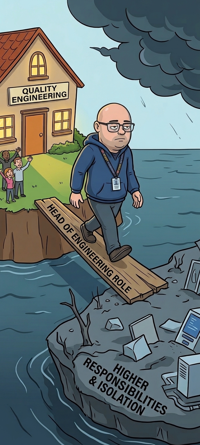 cartoon picture that shows a person with a drained expression walking a plank from an island with a Quality Engineeri... image