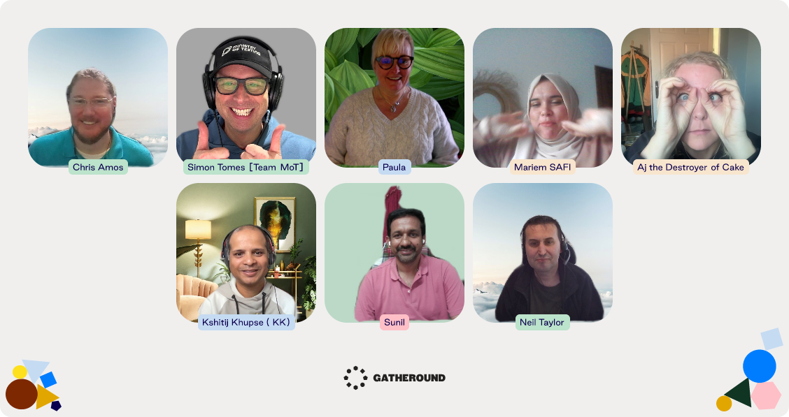 A screenshot of a virtual meeting using the "Gatheround" platform, showing eight participants in a grid layout with their names displayed. Top row from left to right: Chris Amos (smiling, wearing glasses), Simon Tomes [Team MoT] (smiling with two thumbs up, wearing glasses and a headset), Paula (smiling in a light sweater, with a leafy green virtual background), Mariem SAFI (wearing a headscarf, gesturing with hands), and Aj the Destroyer of Cake (making a binocular gesture with hands around eyes). Bottom row from left to right: Kshitij Khupse (KK) (smiling with headset, sitting in a cozy room), Sunil (smiling in a pink shirt, with a red curtain in the background), and Neil Taylor (serious expression, wearing a black hoodie, with a virtual snowy mountain background). The “Gatheround” logo appears at the bottom center, with decorative shapes in the corners.