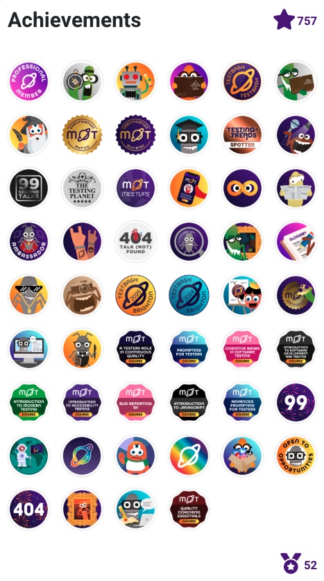 Achievements section of a Ministry of Testing profile, showing 757 community stars and 52 colourful badges