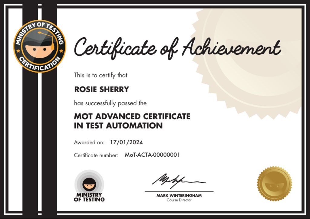 MoT Advanced Certificate in Test Automation certificate awarded to Rosie Sherry image