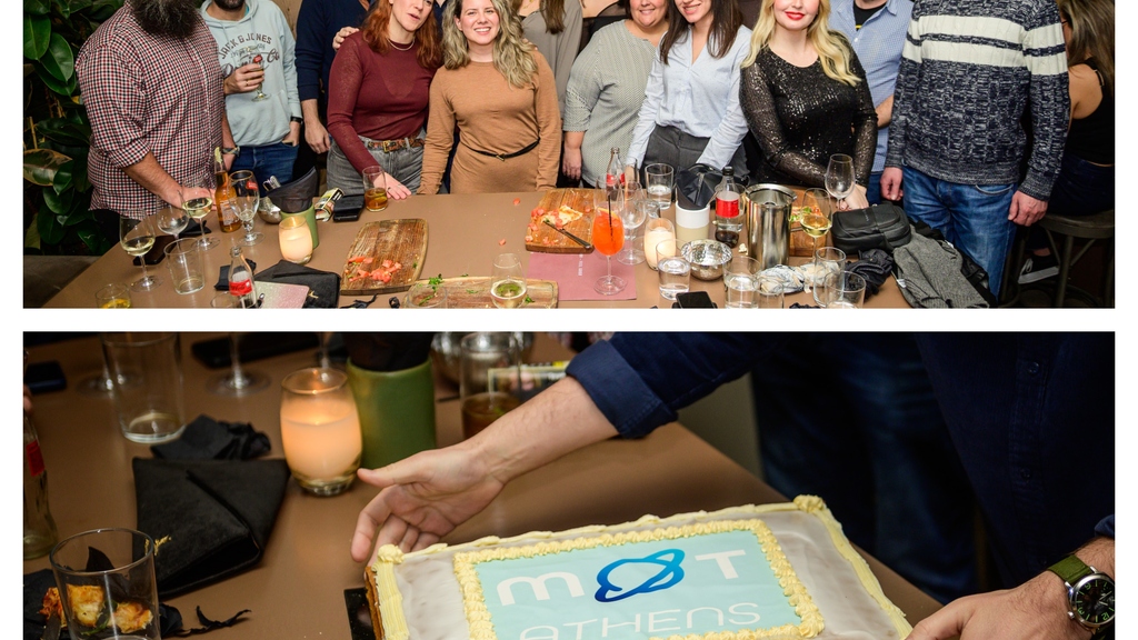 Group of people in a bar and a Cake with the Logo of MoT Athens image