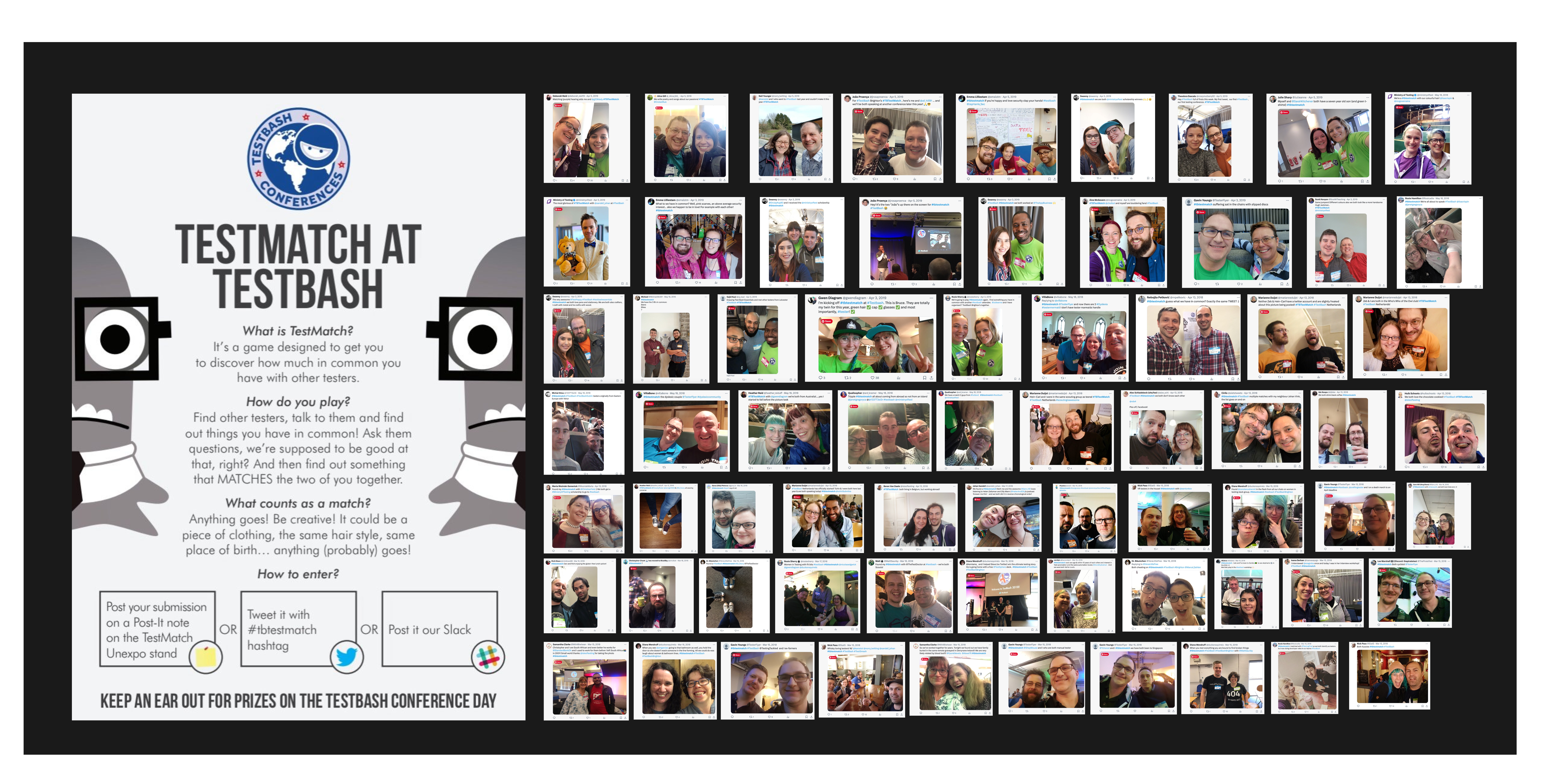 A collection of photos from when we did TestBash Match, a community conference challenge where people had to discover something they had in common with each other.