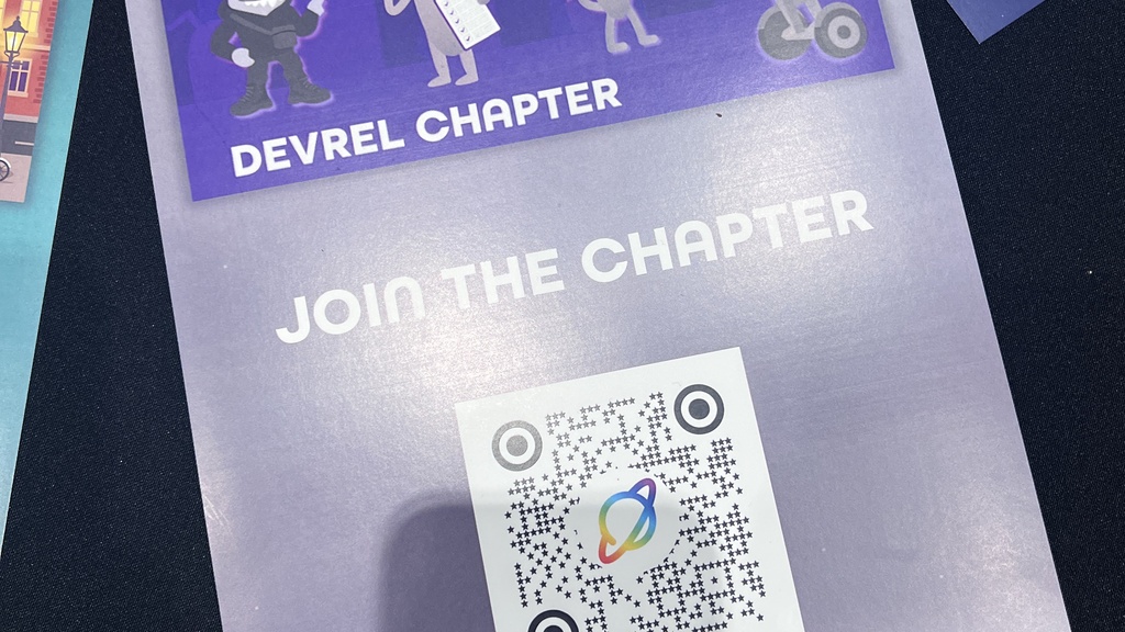 A flyer of the DevRel Chapter at MoTaCon. The QR code goes to https://www.ministryoftesting.com/chapters/devrel-chapter image