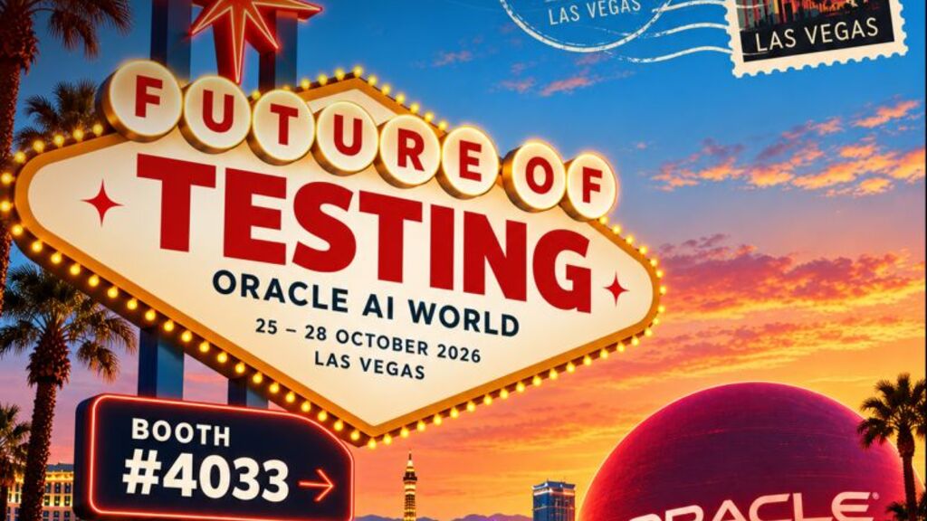 ACCELQ at Oracle AI World, 25–28 October in Las Vegas. The graphic shows the Las Vegas skyline, an Oracle-branded ven... image