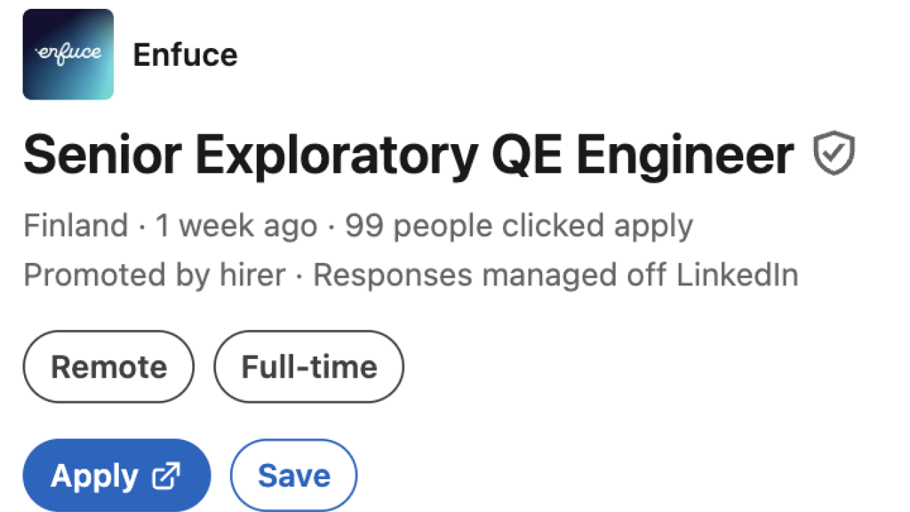 Screenshot of Senior Exploratory QE Engineer on LinkedIn. image