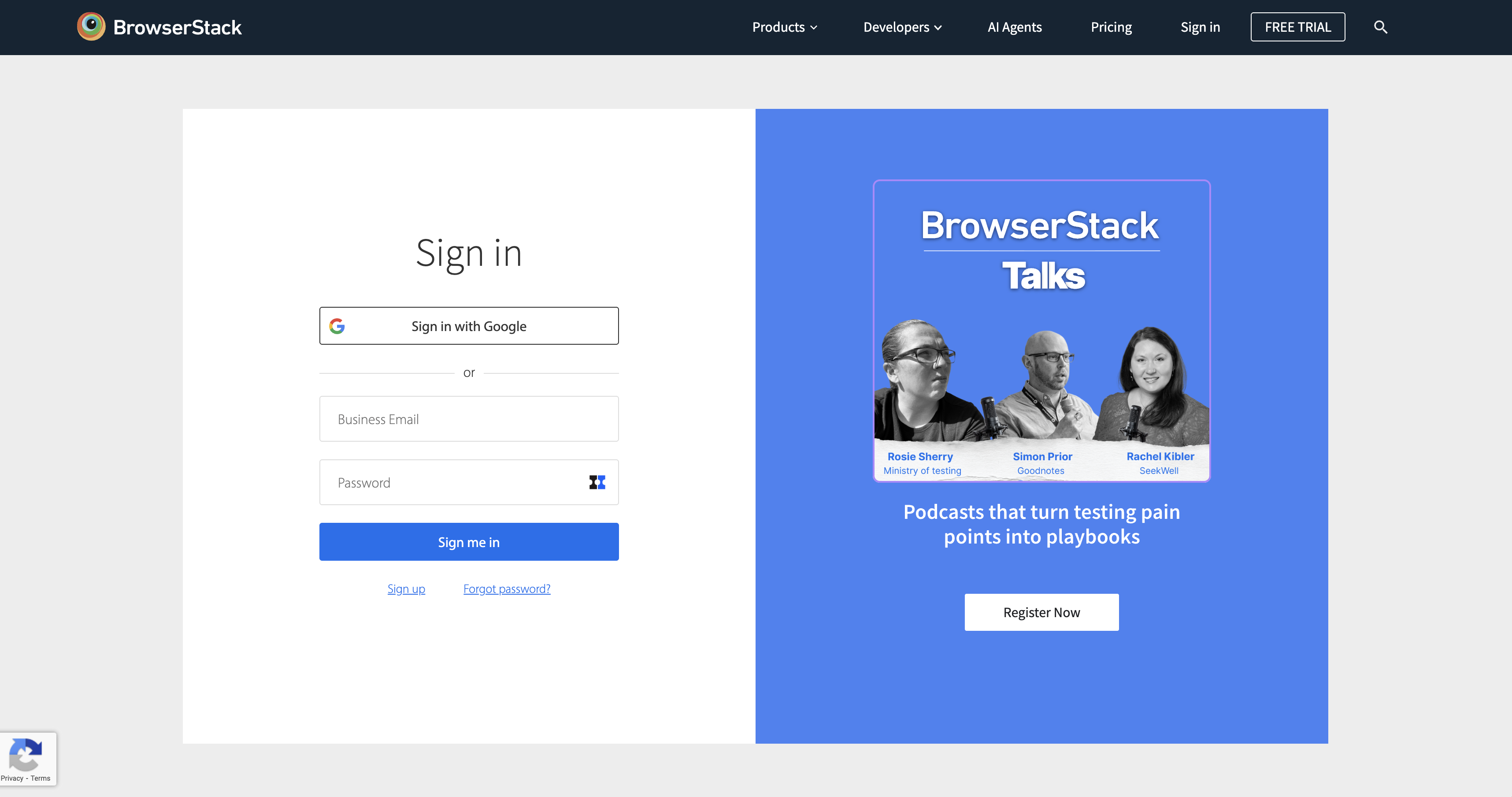 Rosie Sherry, Simon Prior and Rachel Kibler on the BrowserStack sign-in page.
