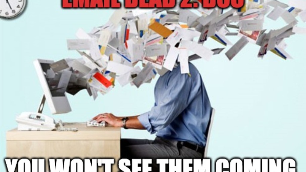 A man sitting at his desk has hundreds of pieces of paper streaming from the screen into his face. The wording says, Email Dead 2: BCC You won't see them coming
