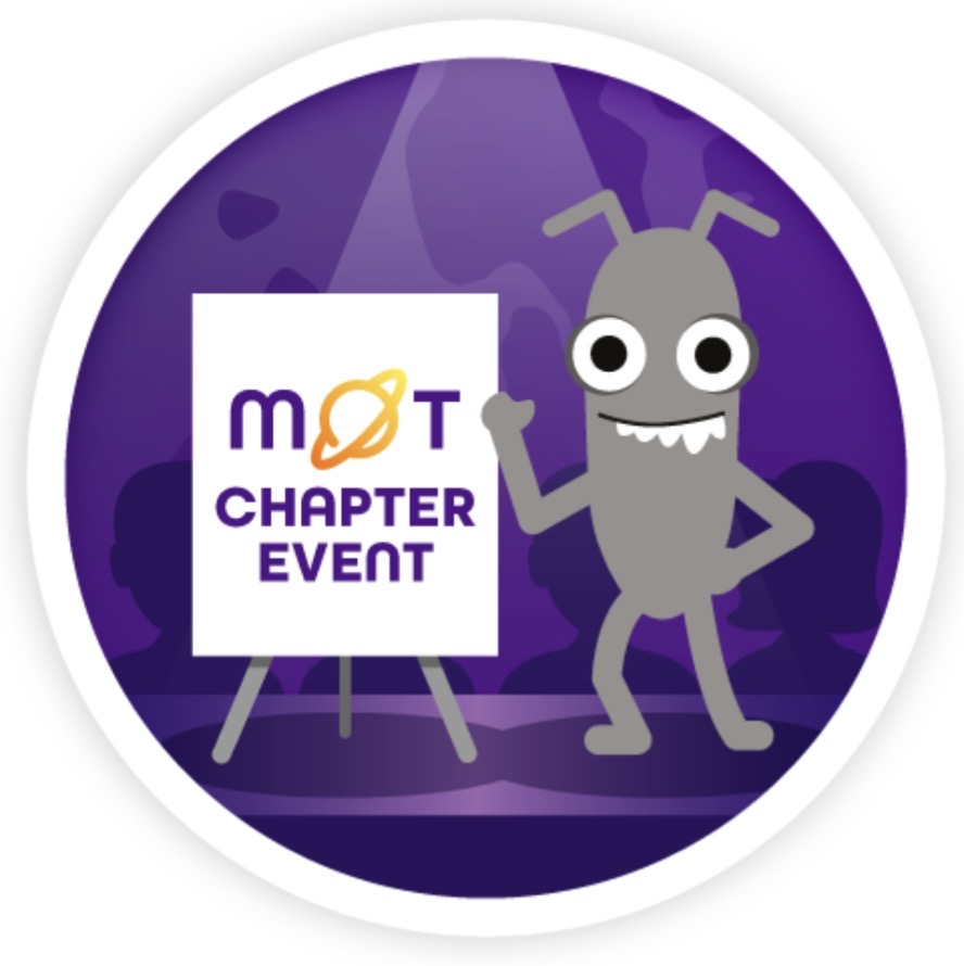 Bug in a circle pointing to a chapter event sign image
