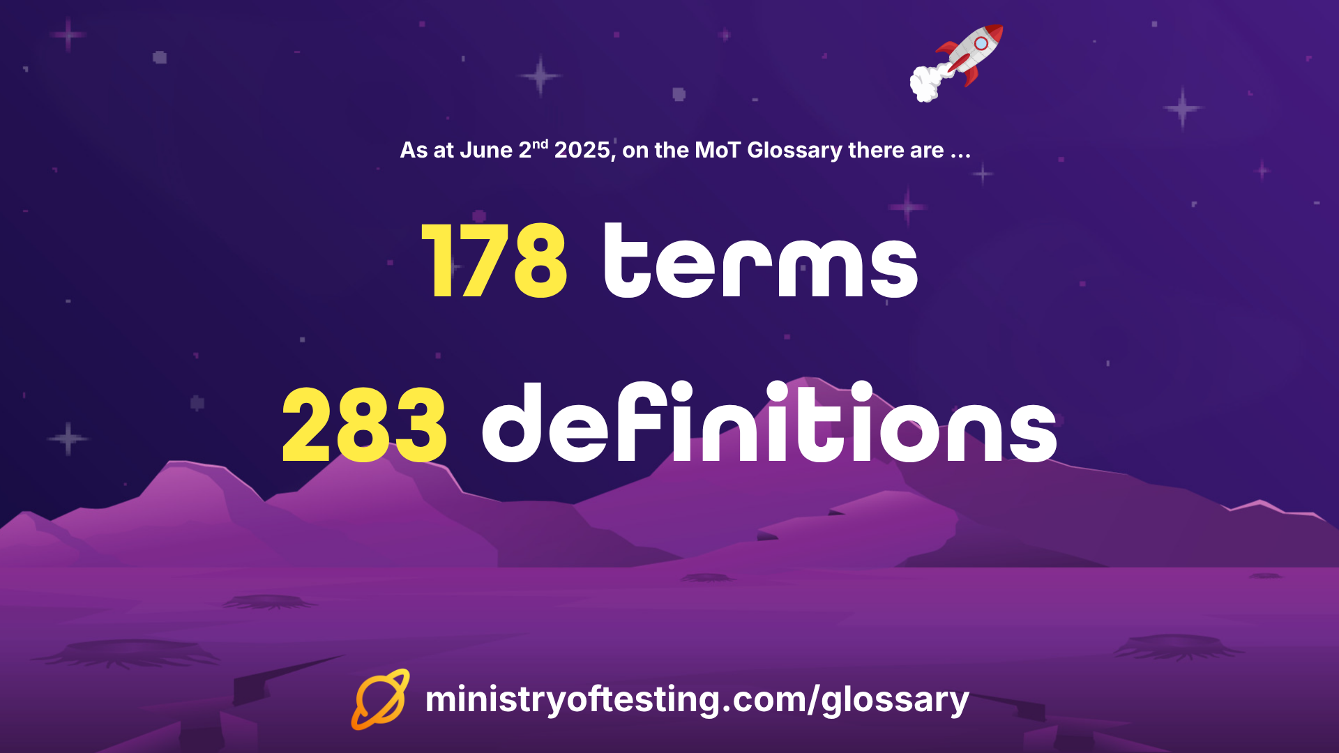 The image displays statistics about the Ministry of Testing (MoT) Glossary. It states that "As at June 2nd 2025, on the MoT Glossary there are..." followed by:

178 terms
283 definitions
At the bottom, it shows the website address: ministryoftesting.com/glossary. A small rocket icon is visible in the top right corner.