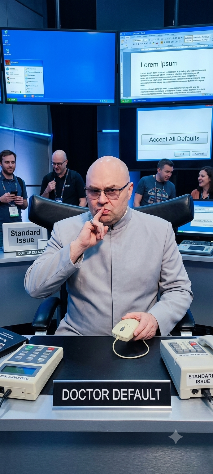 Gemini generated image in the style of Dr Evil from Austin Powers humorously depicting a persona called Dr Default. image