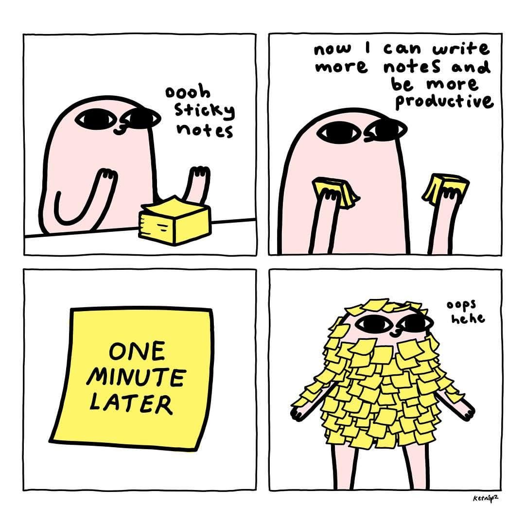 A four-panel comic featuring a pink, blob-like character with large eyes. In the first panel, the character spots a y... image