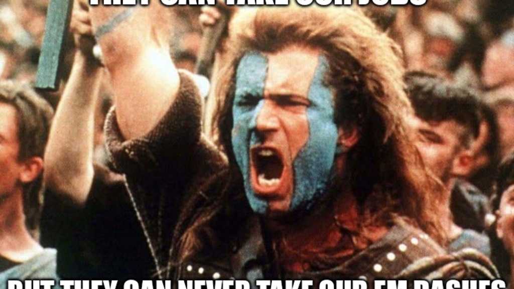 An image of the movie Braveheart with the text ‘they can take our jobs but they can never take our em dashes’