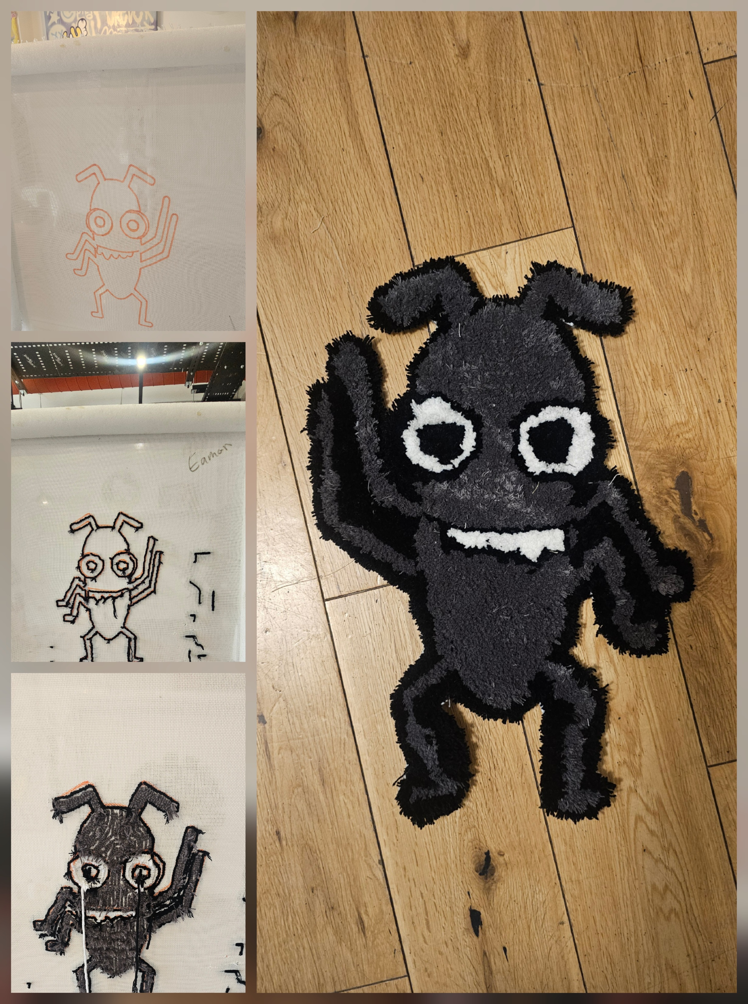 Collage of four images with three smaller images on the left and one larger one on the right.

The first smaller image is of an animated bug, drawn in orange on a canvas.

The second smaller image is of the animated bug with black fabric tufted into its outline.

The third smaller image is of the animated bug with black, grey and white fabric tufted over the initial drawing.

The largest image is of the completed animated bug rug. The bug has four arms, with its two right arms raised to the viewer.