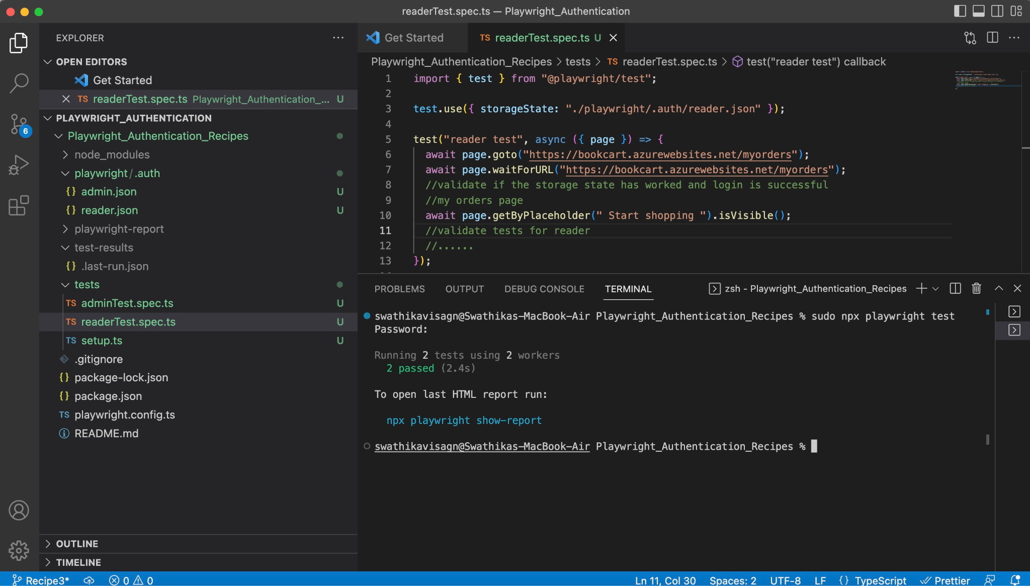 Visual Studio Code with the readerTest.spec.ts file open, showing test code using a reader login storage state. The terminal confirms two tests passed using two parallel workers