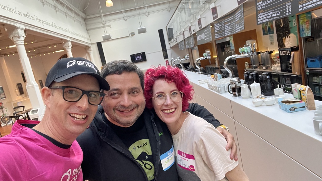 Simon, Sergio and Gwen pose for a selfie at TestBash 2024.