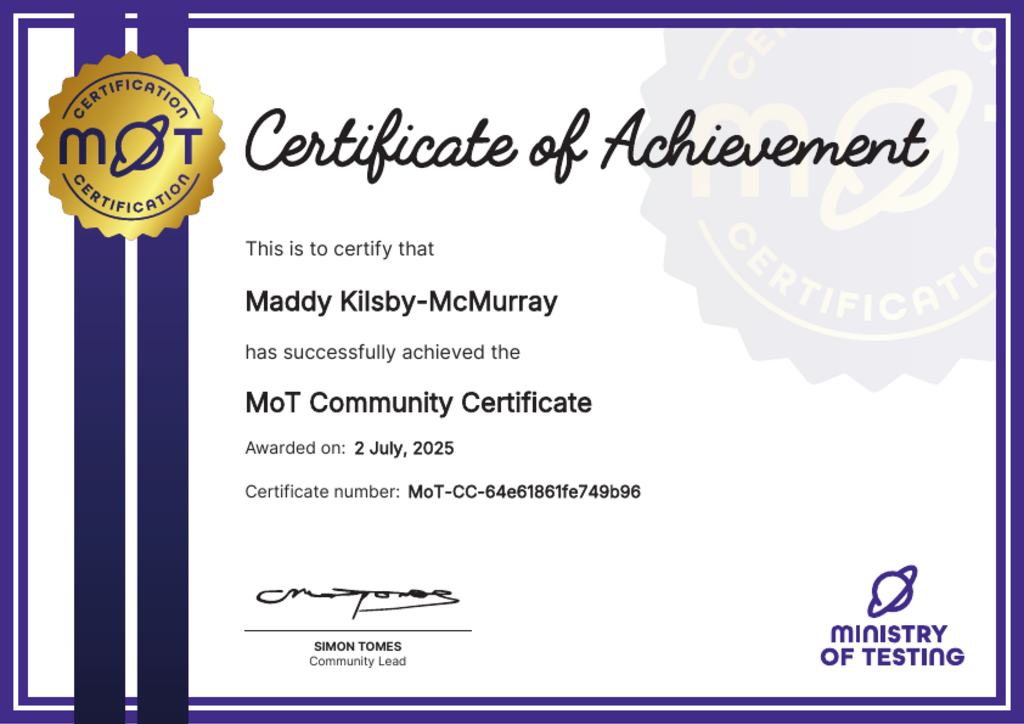 MoT Community Certificate image